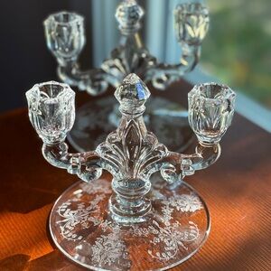 Vintage Heisey “Orchid” Trident Clear Glass Two Light Double Candleholder